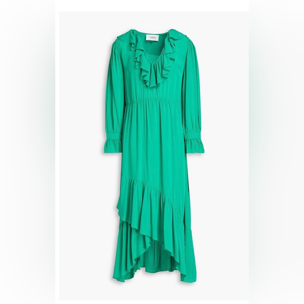 BA&SH designer Midi Ruffled Drapy Green Dress | size 6, M | NWT